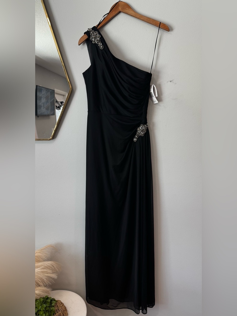 Alex Evenings Black One-Shoulder Evening Gown with Crystal Accents